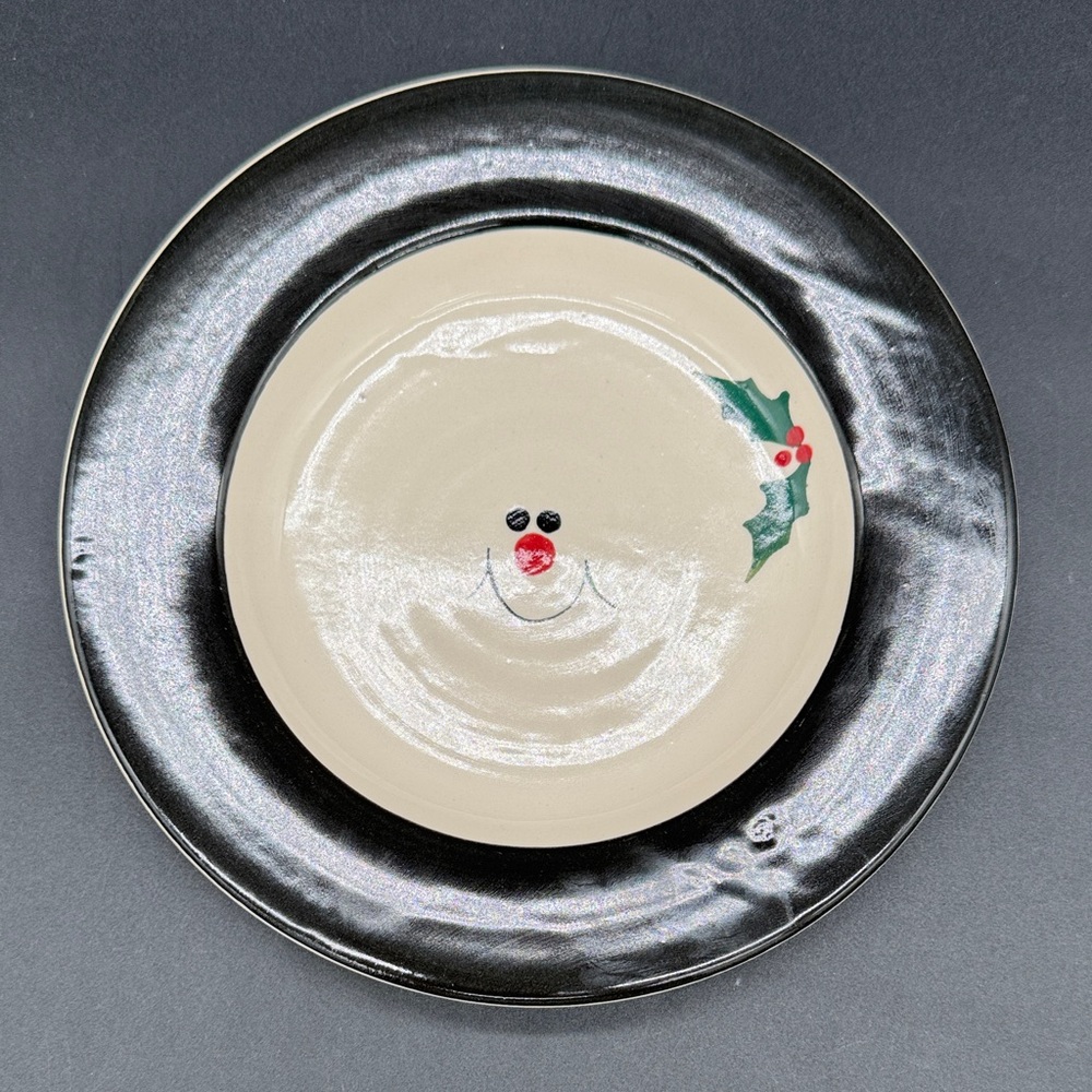 Mill Creek Stoneware Black and Cream Festive Snowman Plate Signed Fleming